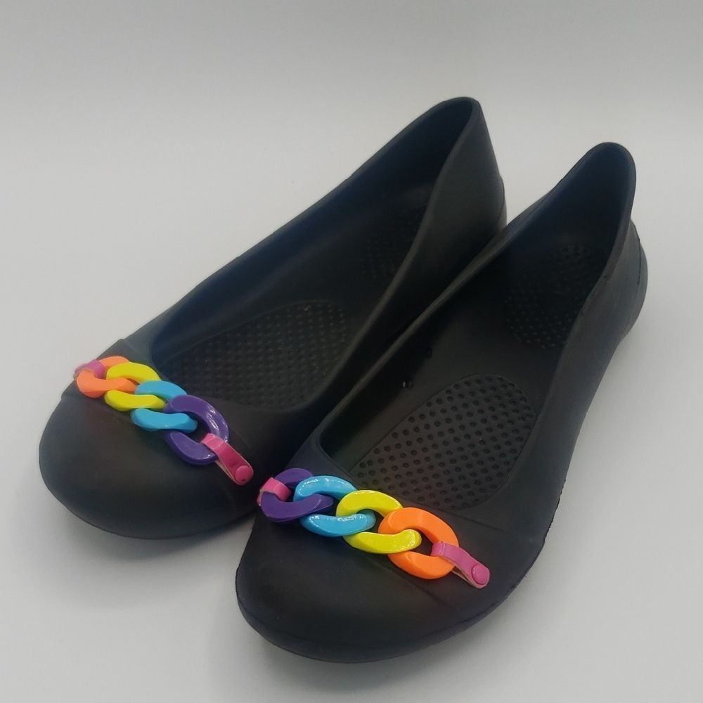 CROCS Black Ballet Flats with Rainbow Chain Accent